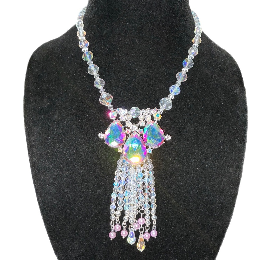 Handmade Aurora Borealis Crystal Waterfall Necklace – Vintage AB Beads, Reimagin